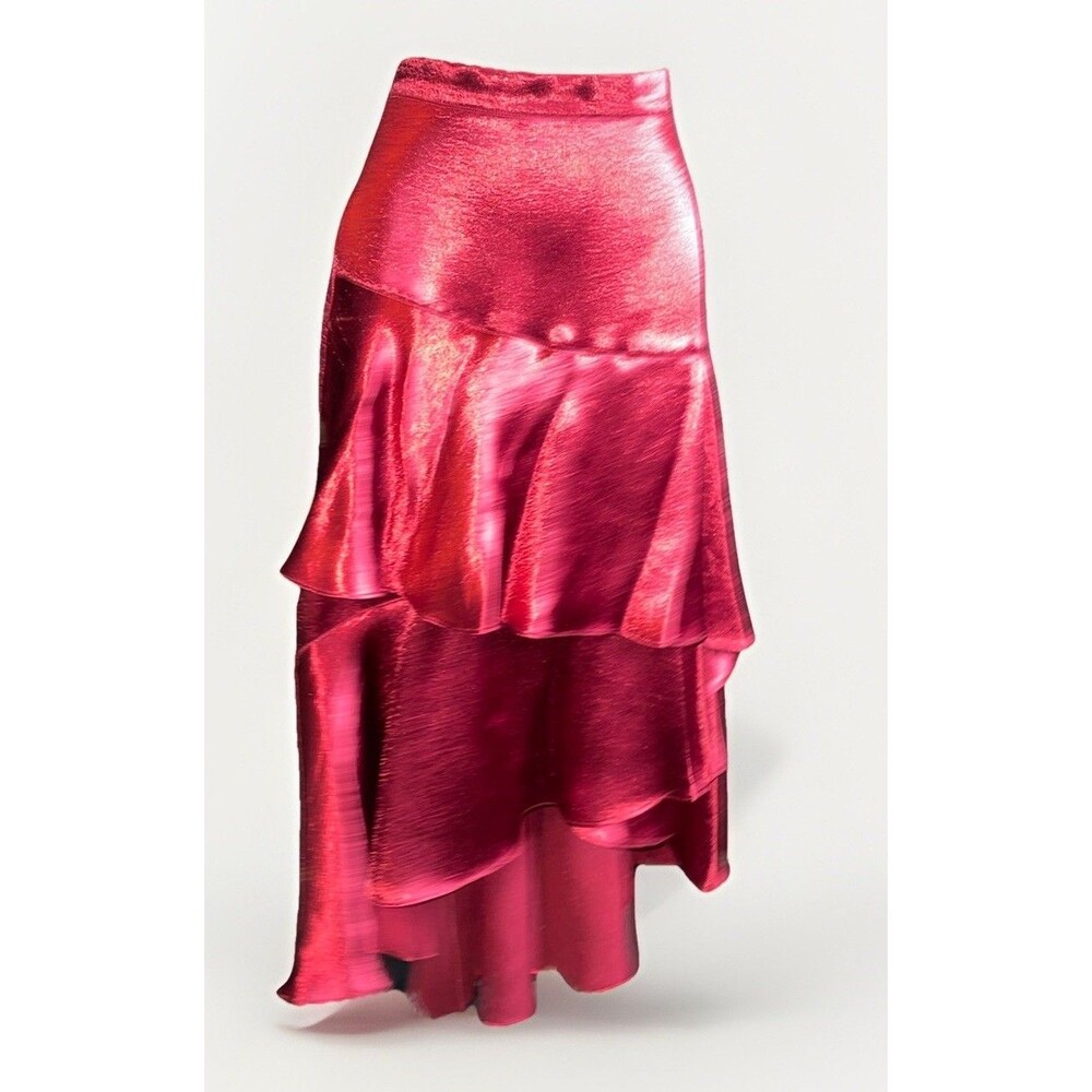 Moulinette Soeurs Anthropologie Y2K Red Metallic High Low Skirt Ruffle Liquid S